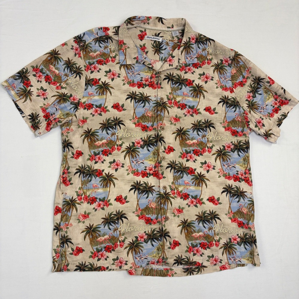 Tommy Bahama Florida Flamingo Palm Tree Silk‎ Camp Shirt Mens XXL Tan Hibiscus